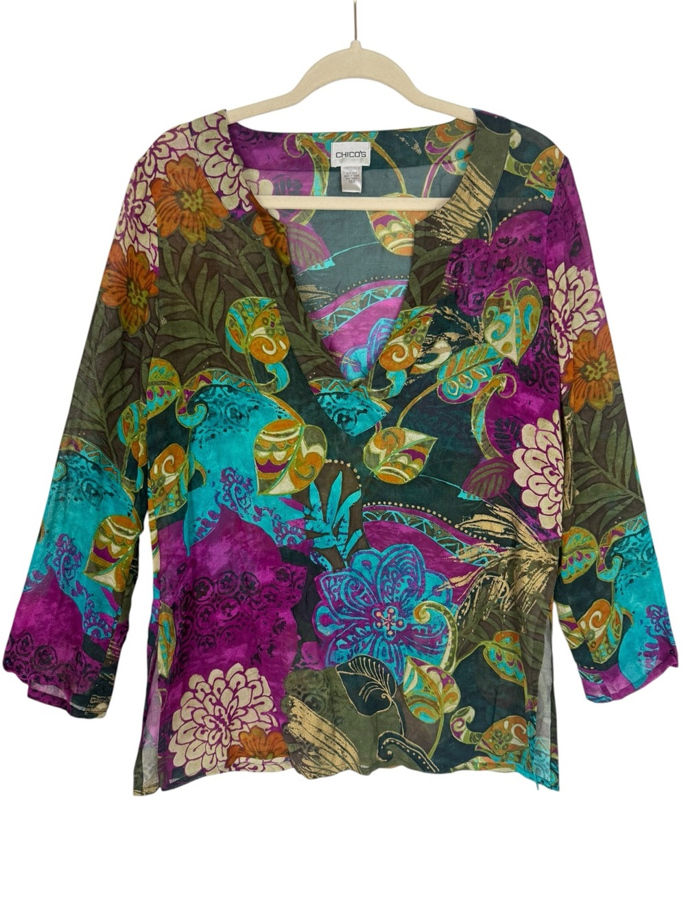 Chico’s 100% Silk Abstract Floral Tunic Top Semi Sheer Jewel Tone US 4 - Picture 2 of 15